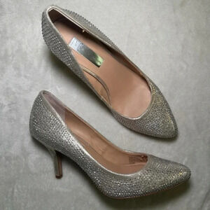 INC Women’s Silver Rhinestone Bedazzled Glam High Heel Pumps, Size 7.5